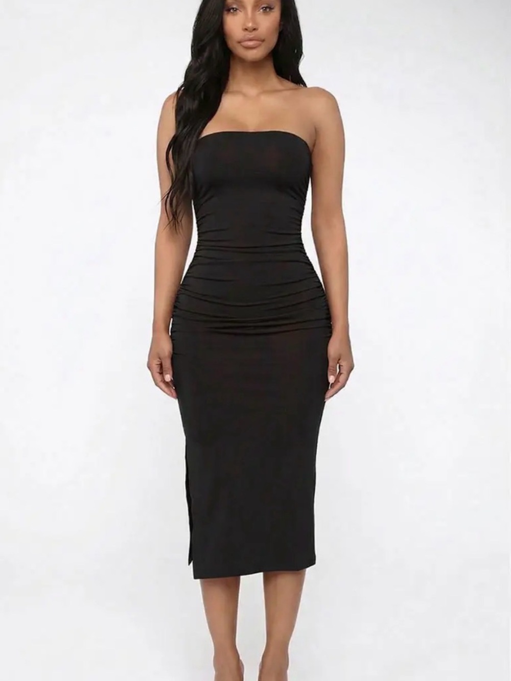 Strapless Black Ruched Midi Dress